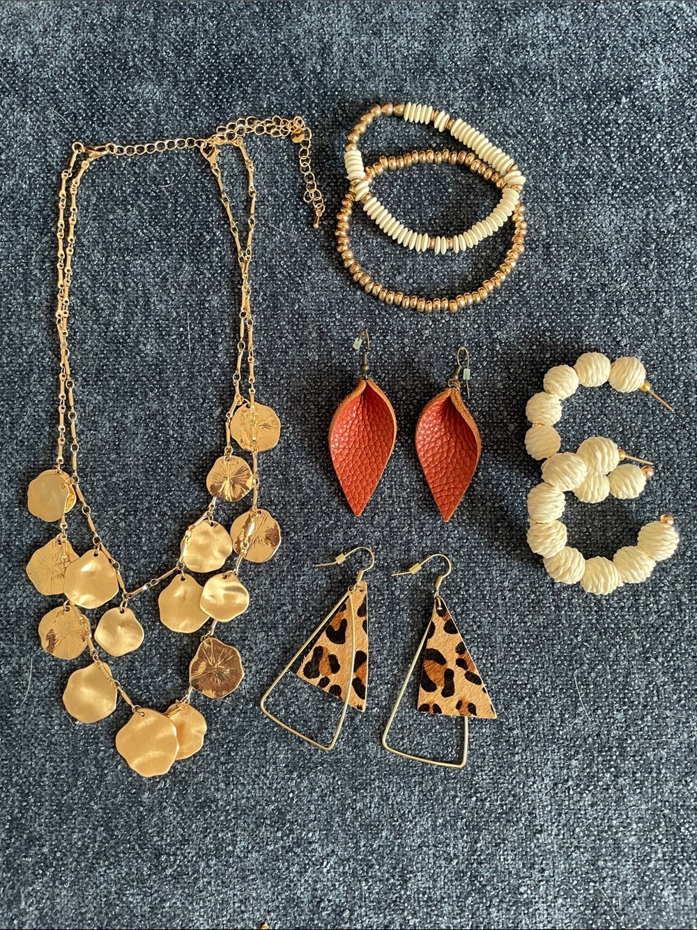 Gold Disc Statement Necklace with Neutral Accent Jewelry Set